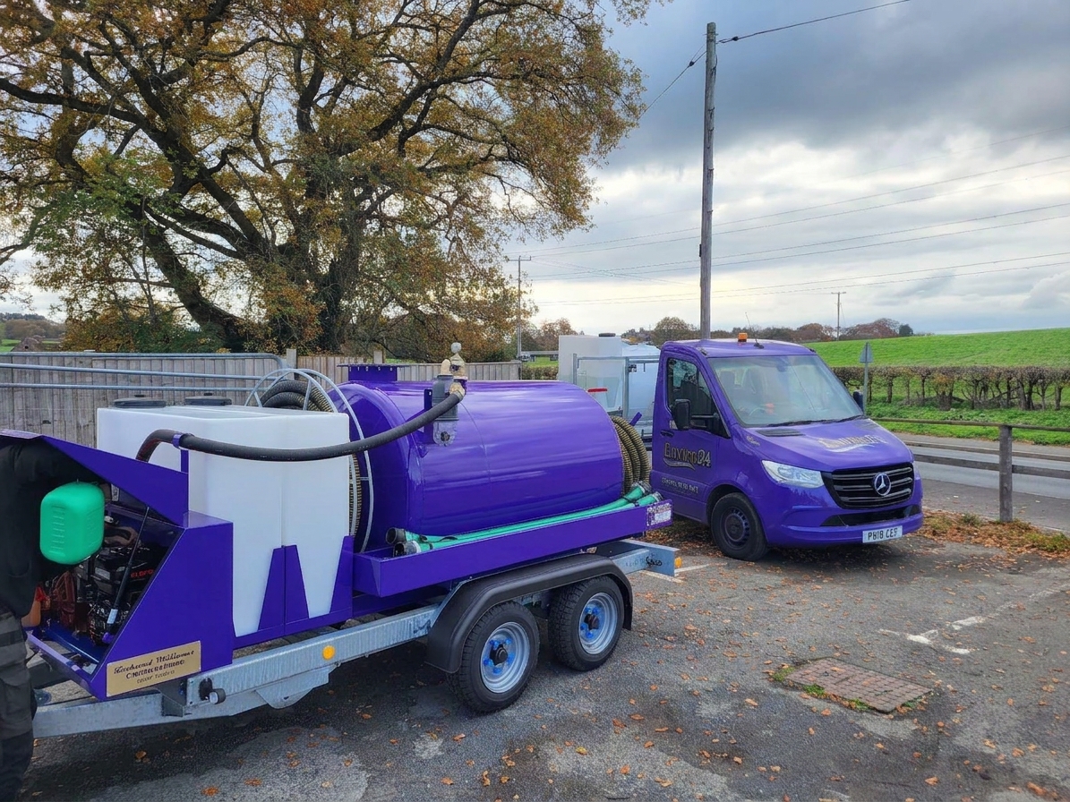Enviro24 branded purple van and waste tanker ready for service in Leicester